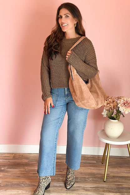Maui Crochet Knitted Long Sleeve Top in Mocha