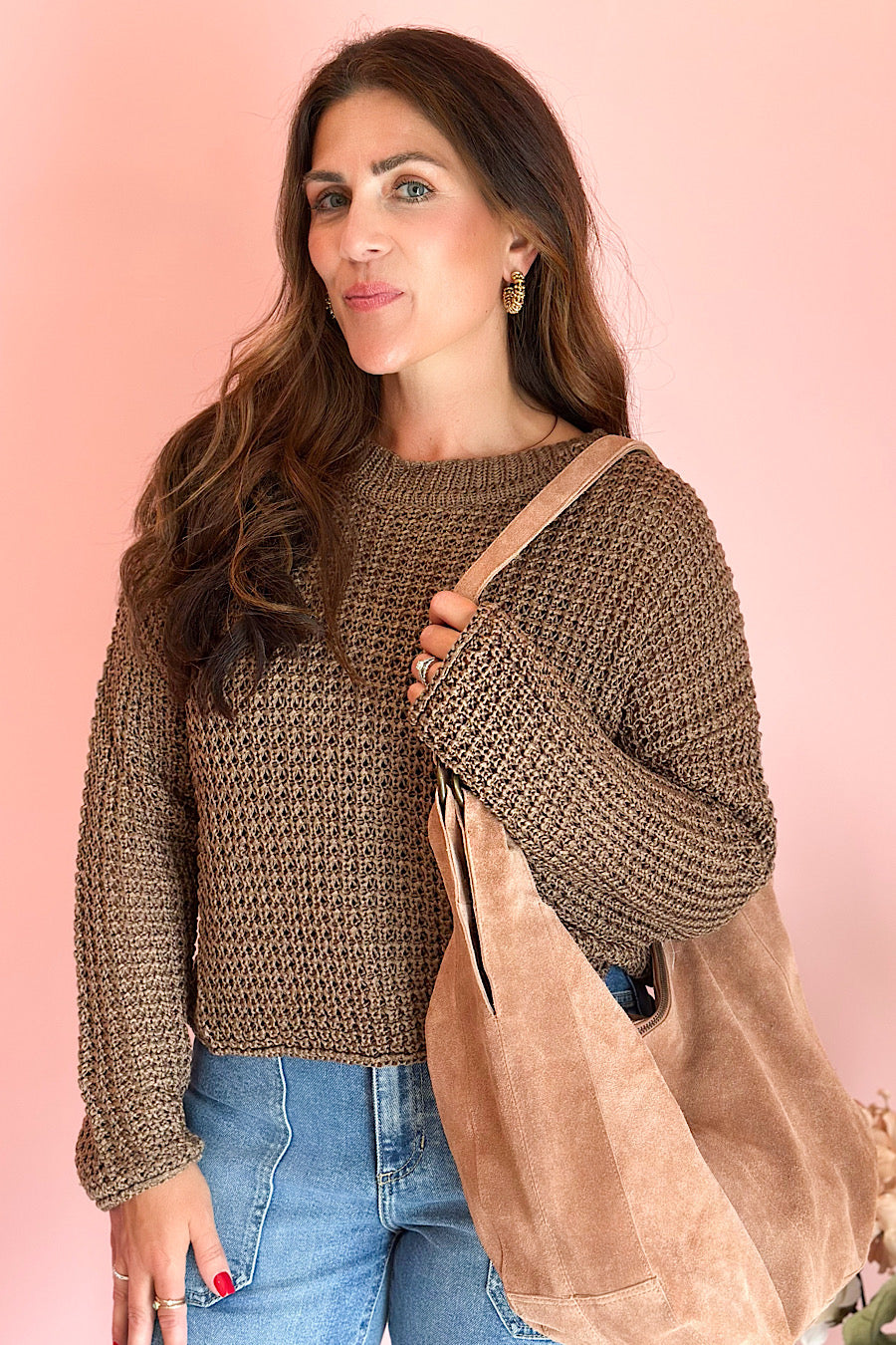 Maui Crochet Knitted Long Sleeve Top in Mocha