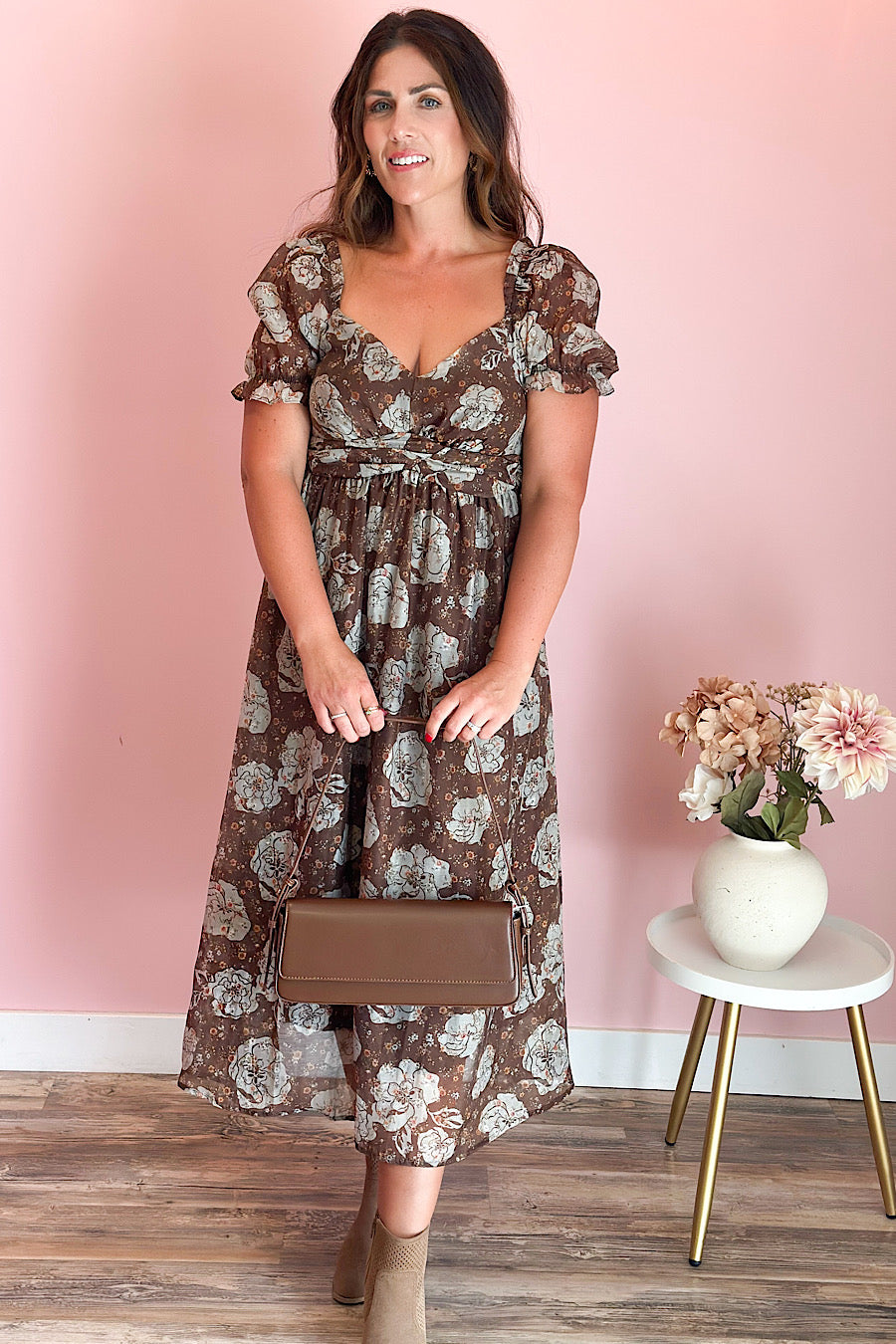 Down to Earth Floral Sweetheart Midi Dress
