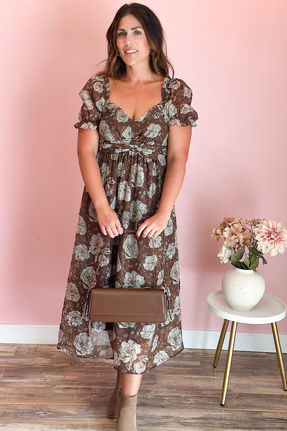 Down to Earth Floral Sweetheart Midi Dress