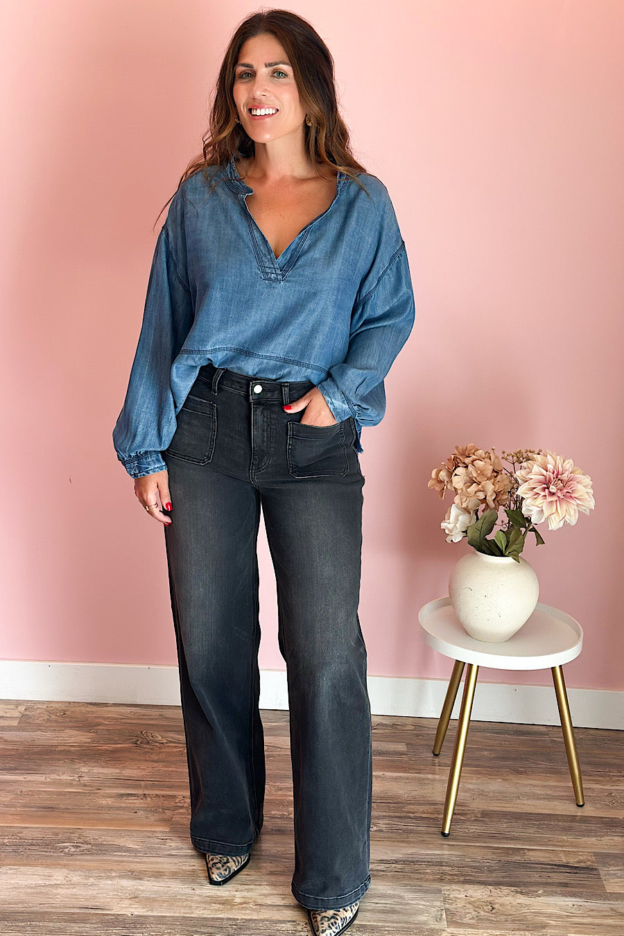 Unwind Denim Chambray Henley Top