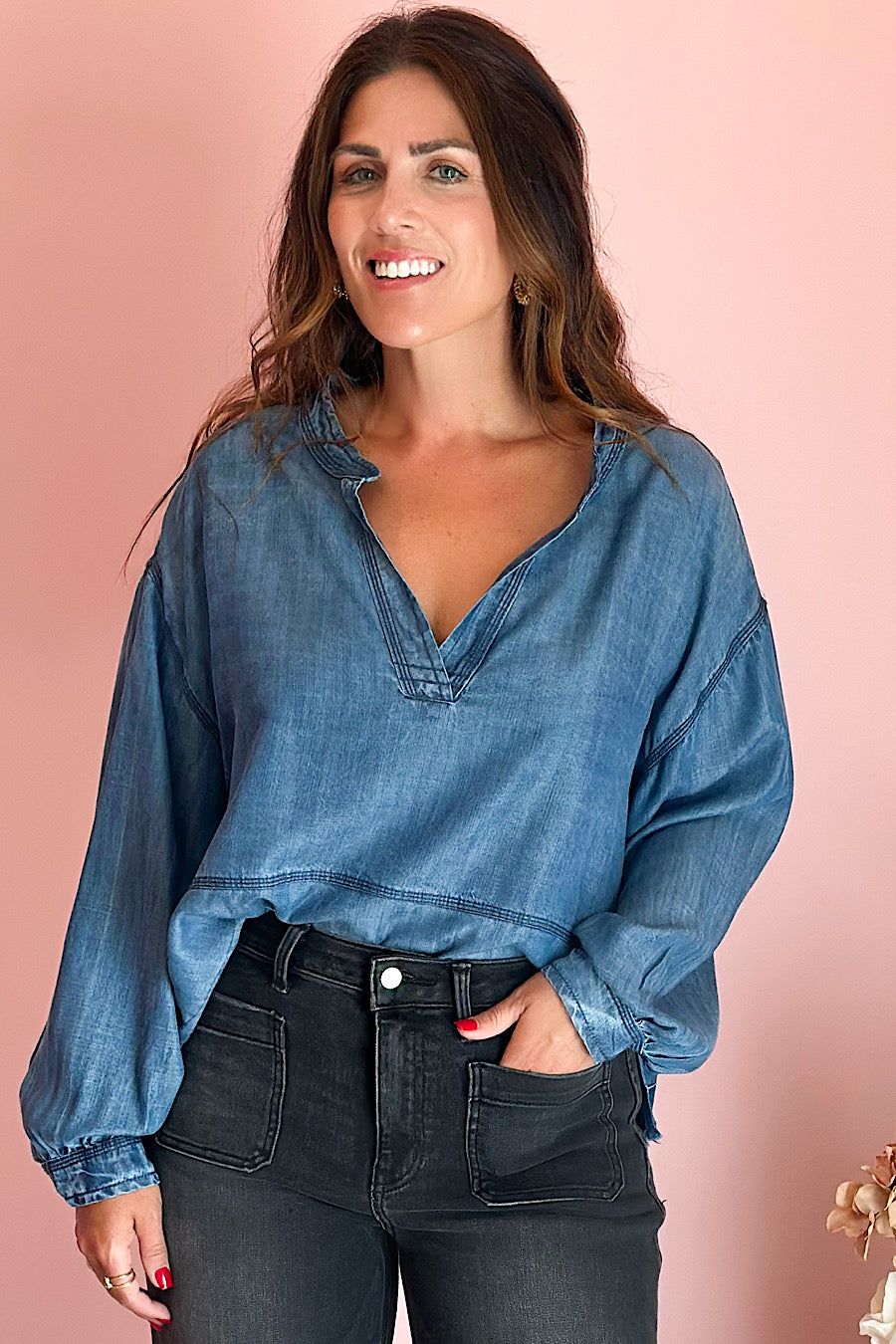 Unwind Denim Chambray Henley Top