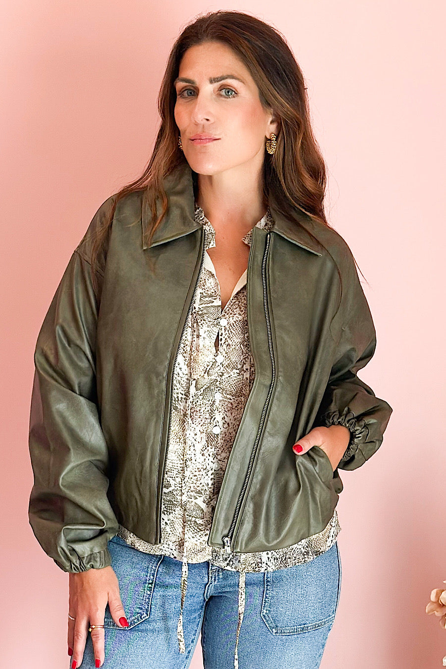 My Favorite Leather Bomber Jacket Olive