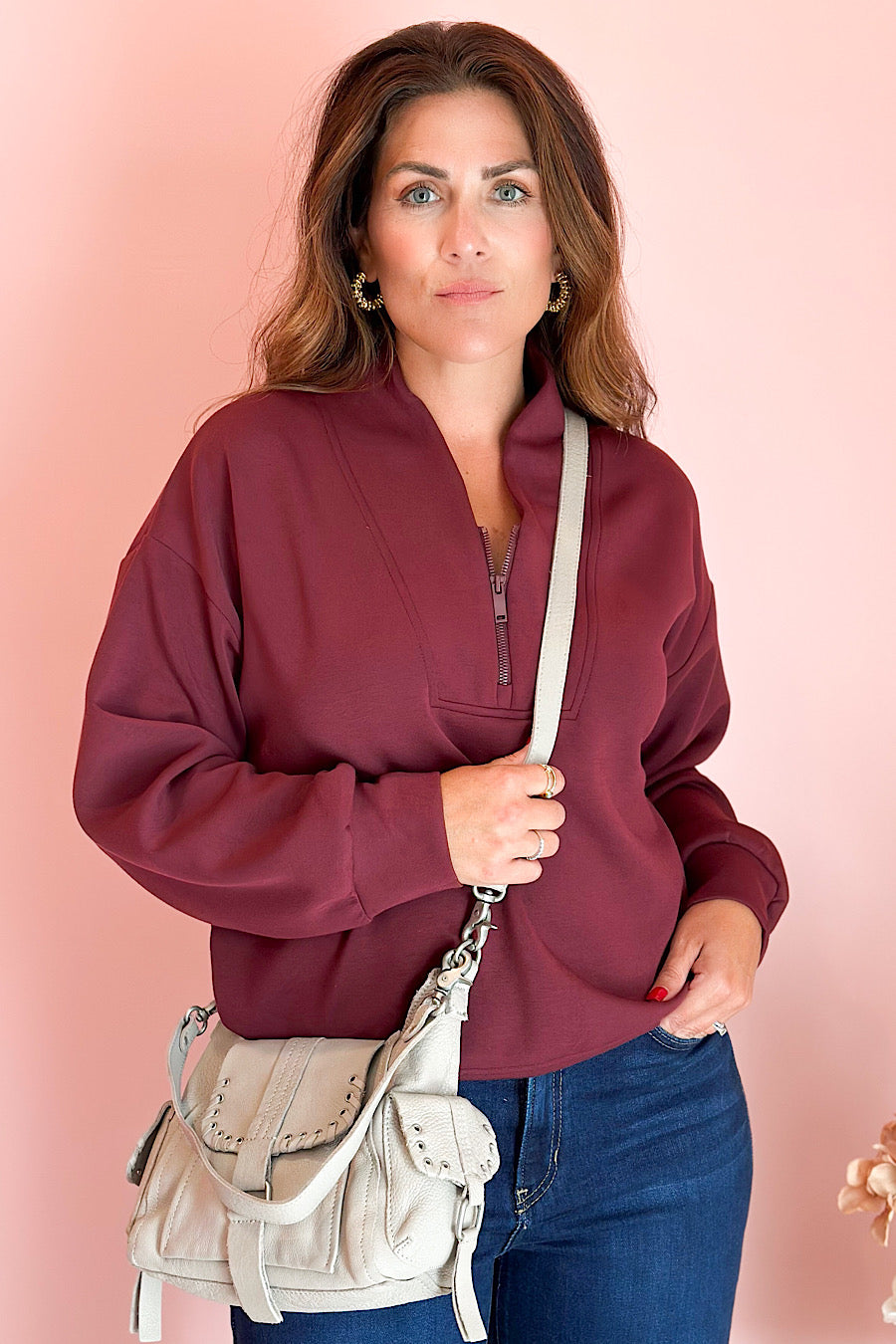 Modal Spandex Half Zip Sweatshirt Wine
