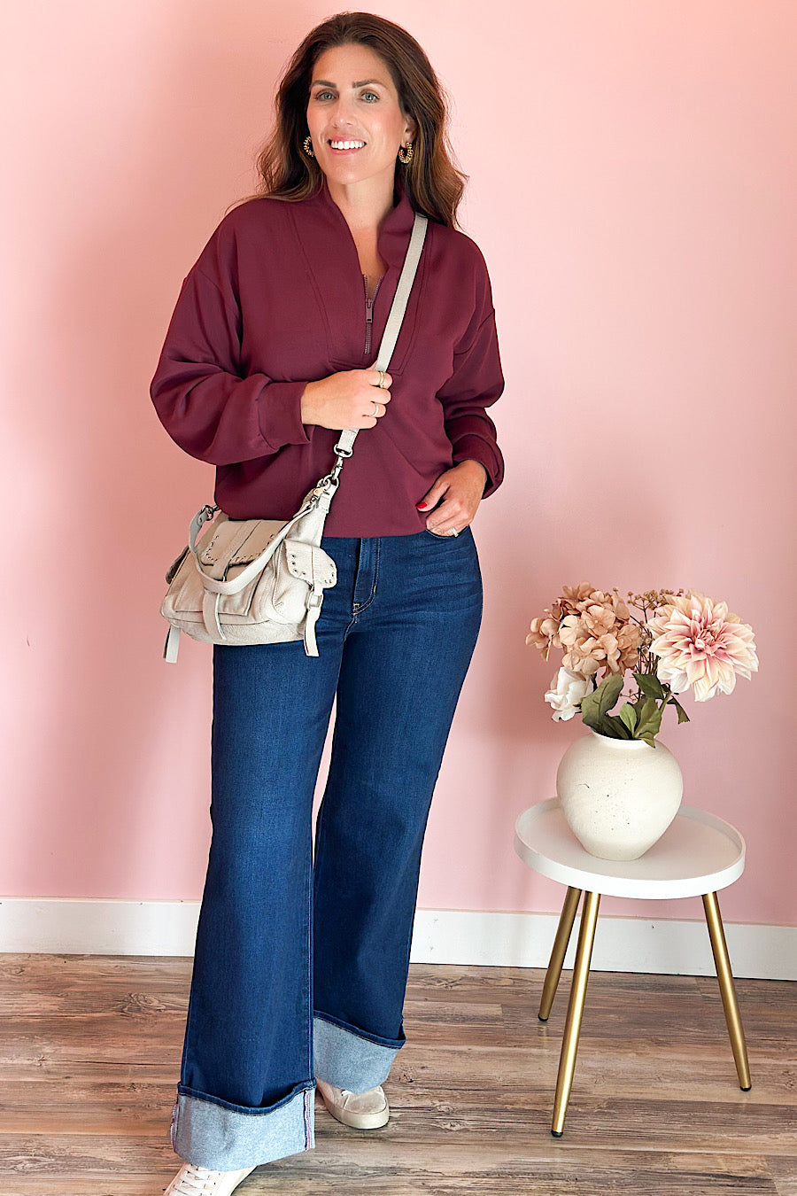 Modal Spandex Half Zip Sweatshirt Wine