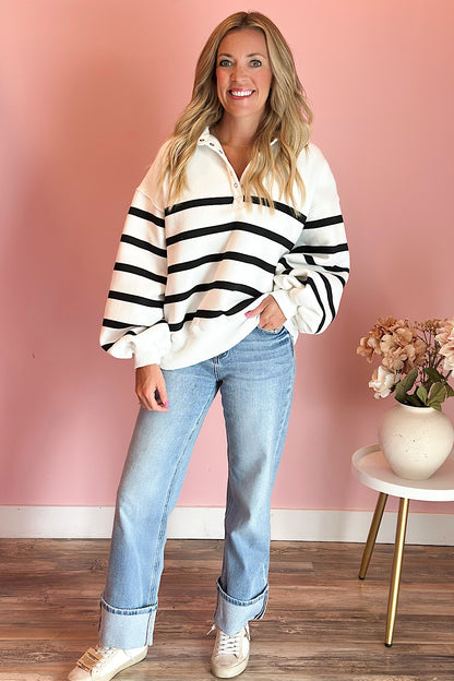 Alison Striped Snap Collar Pullover Sweatshirt