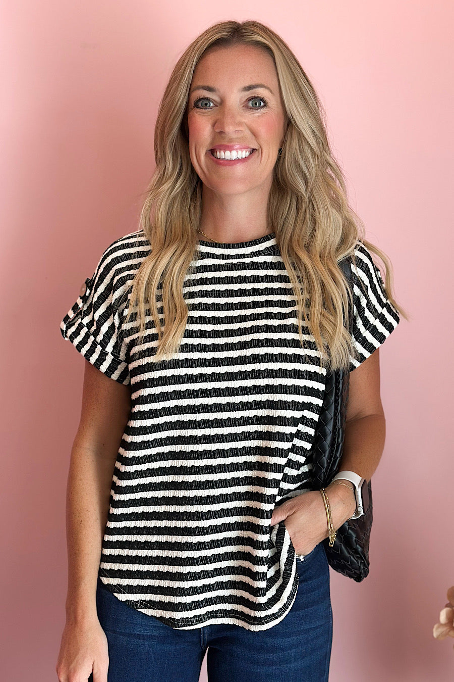 Between the Lines Textured Tab Sleeve Top