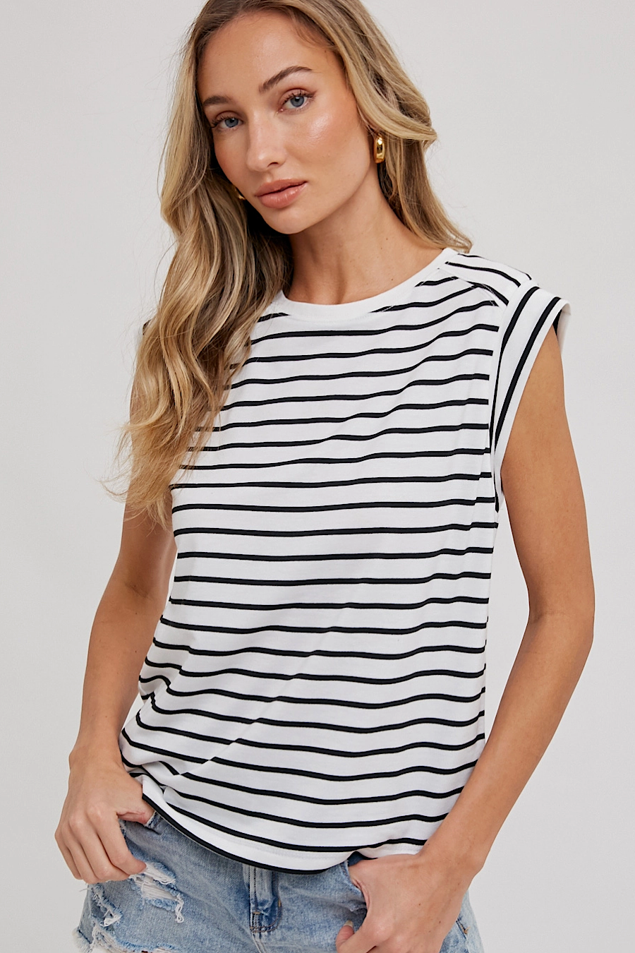 Monrow Striped Muscle Tee Top in White