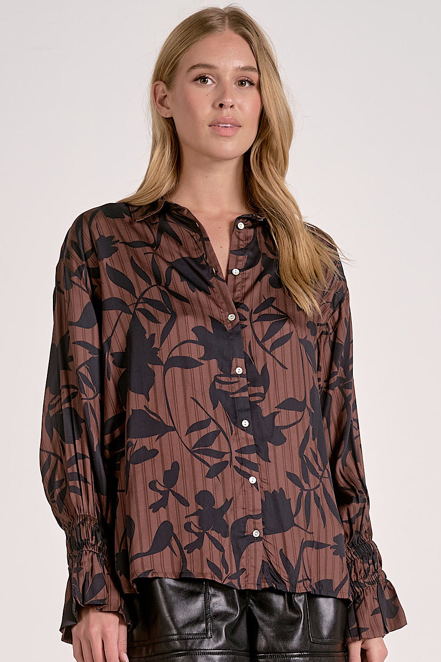 Brown Foliage Printed Flair Blouse