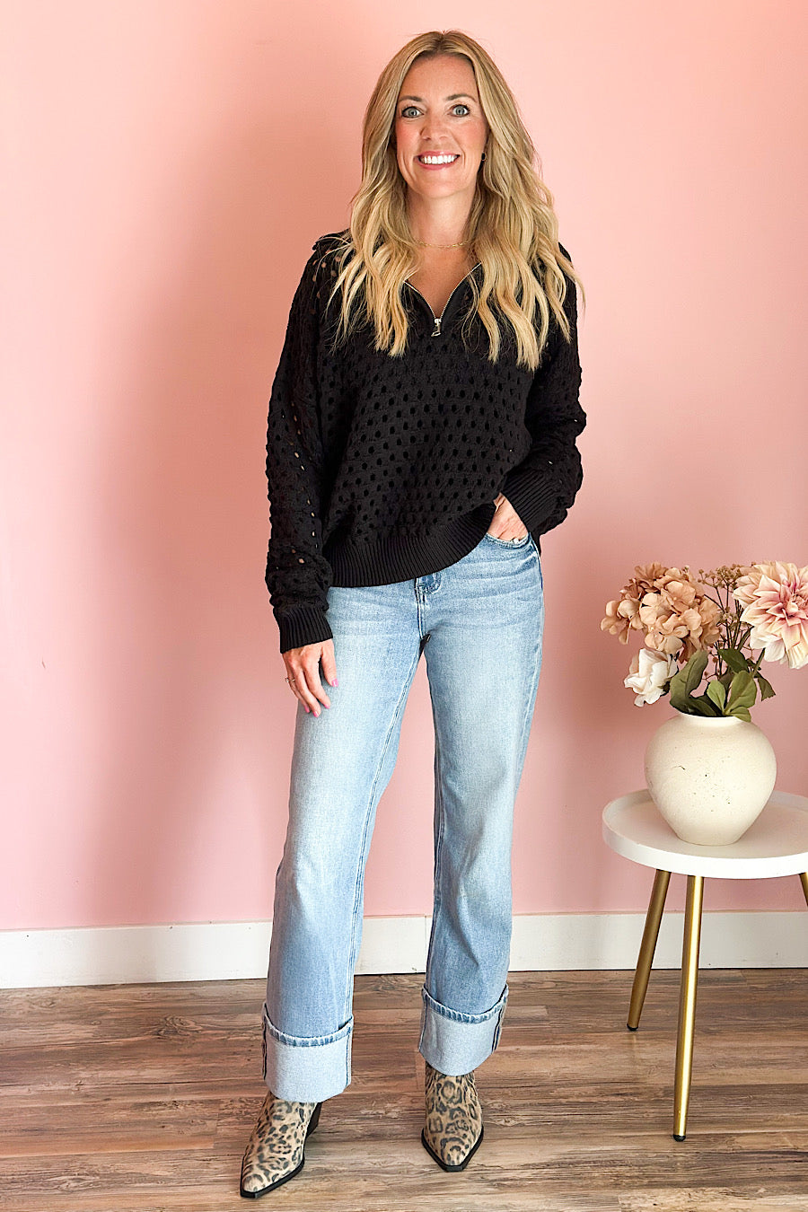 Ordinary Dreamer Zip Collar Knit Top Black