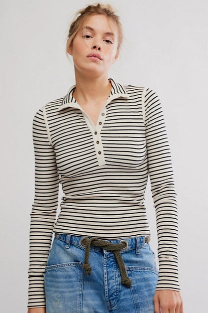 Free People Lake Stripe Henley Top in Tea