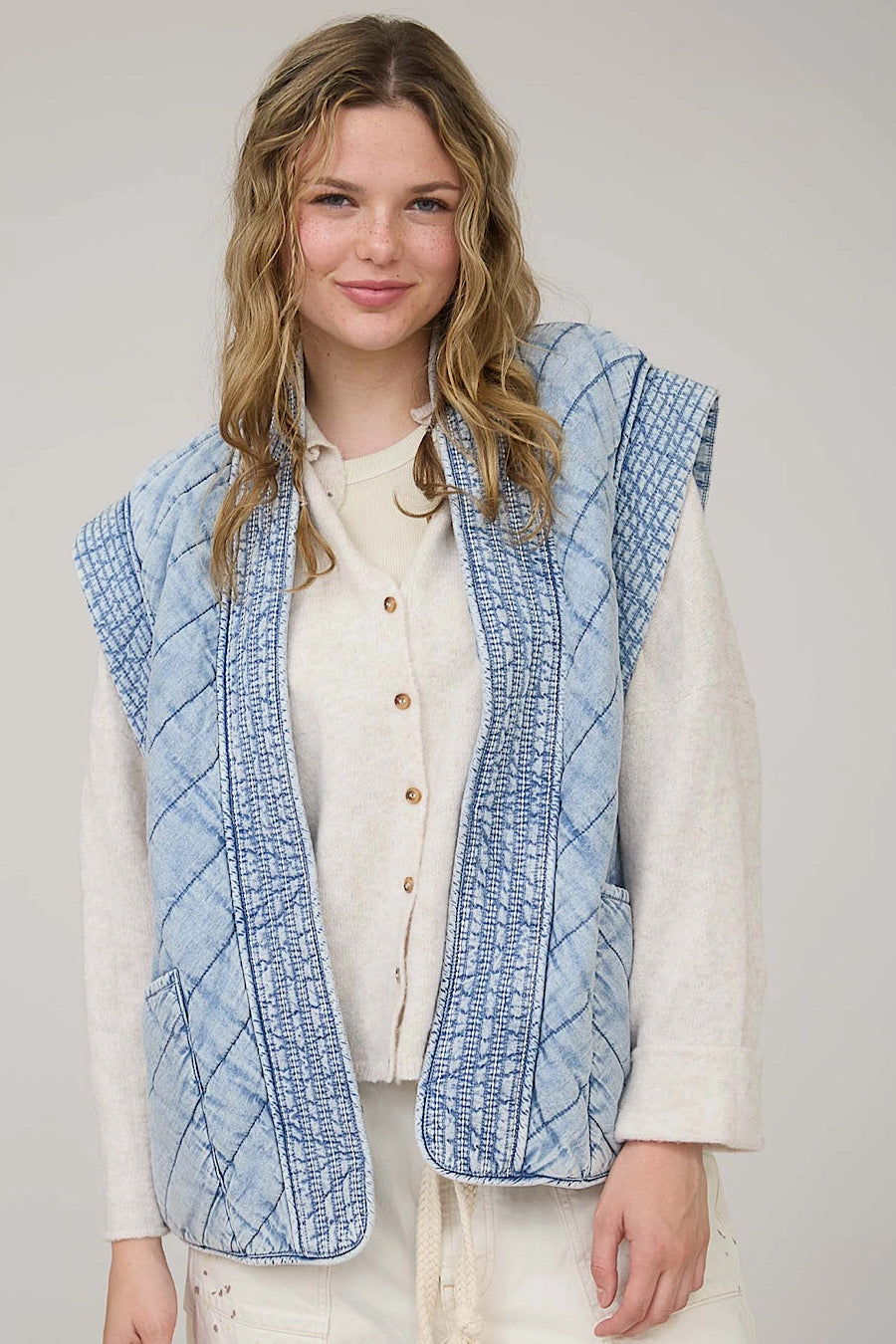 Idol Quilted Washed Denim Shawl Vest