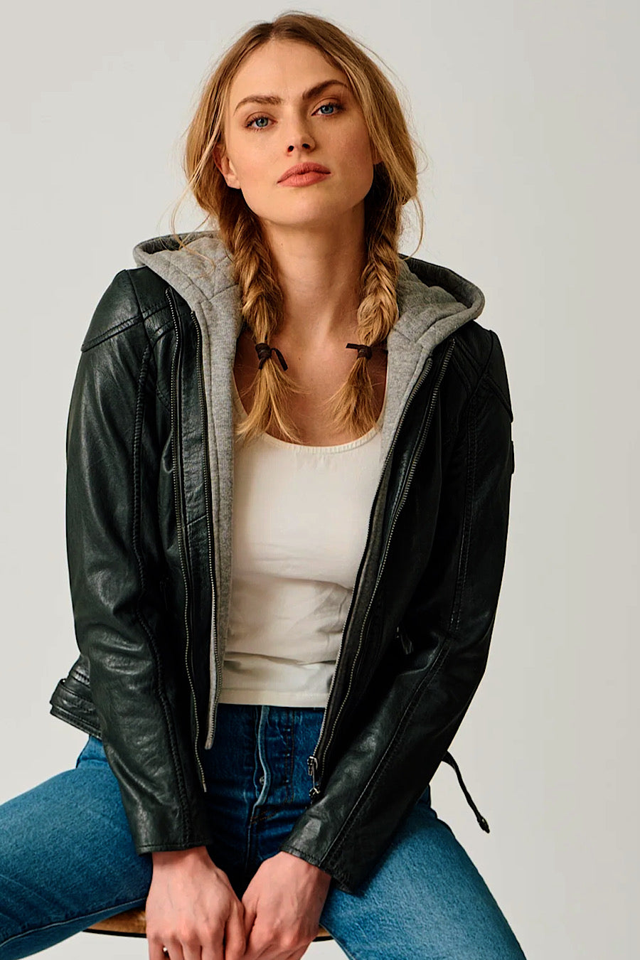 Allice Removable Hood Leather Jacket Black