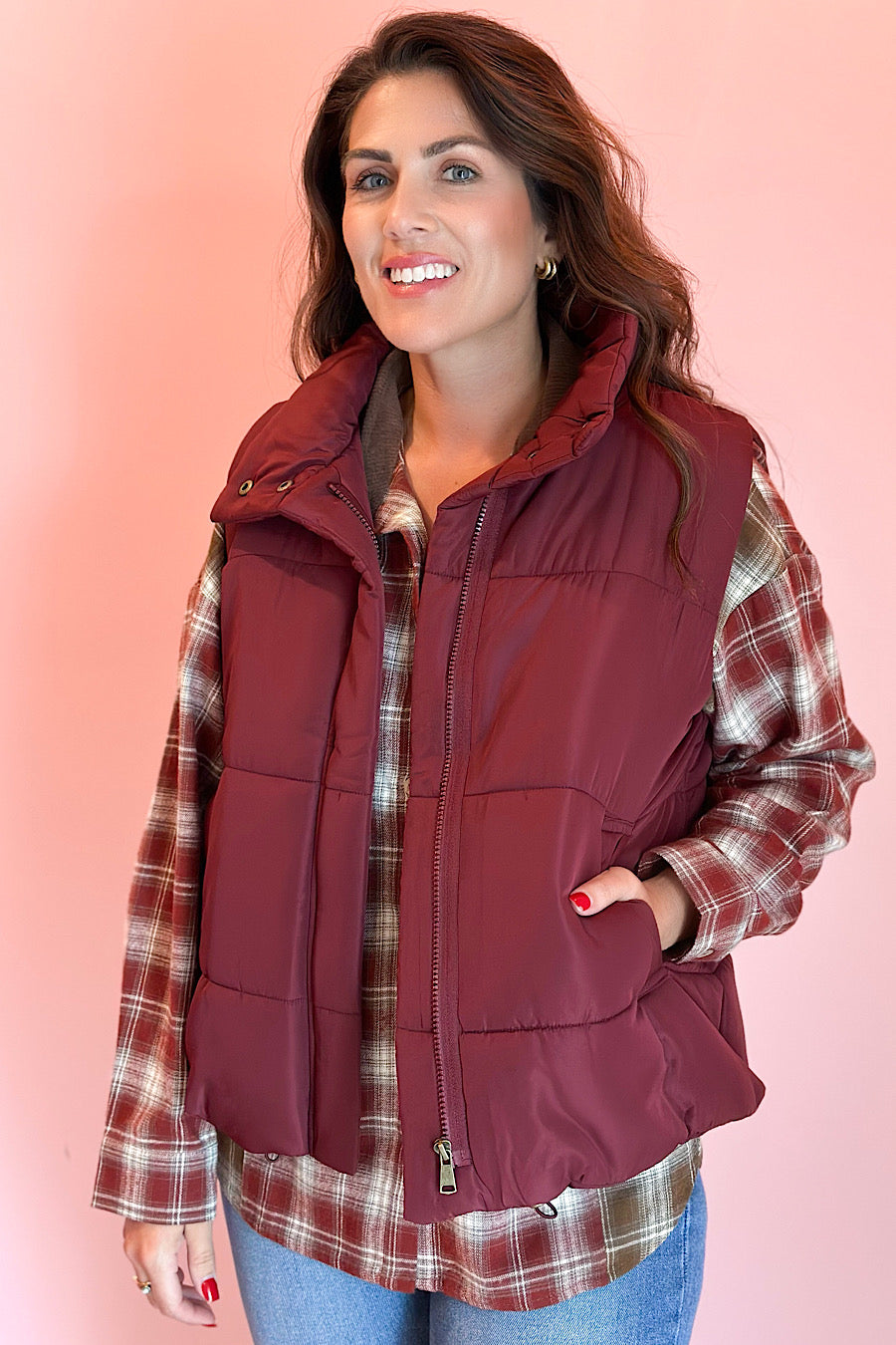 Campfire Zip Up Puffer Vest Wine