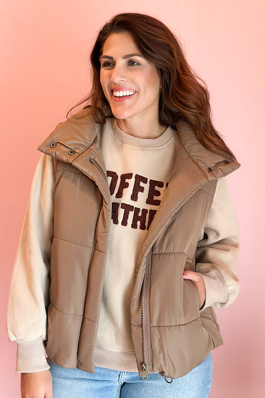 Campfire Zip Up Puffer Vest Mocha Brown