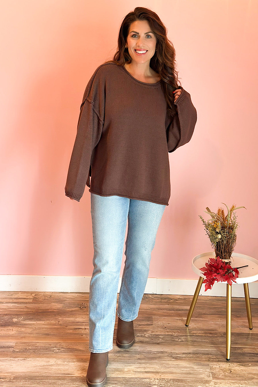 Autumn Path Raw Edge Sweater Brown