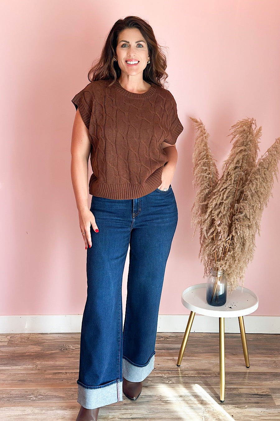 Chestnut Cable Knit Short Sleeve Sweater