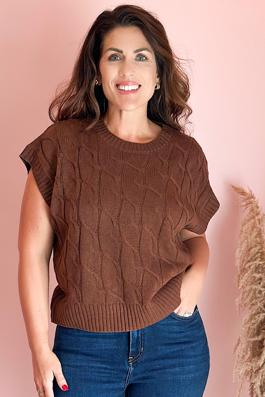 Chestnut Cable Knit Short Sleeve Sweater