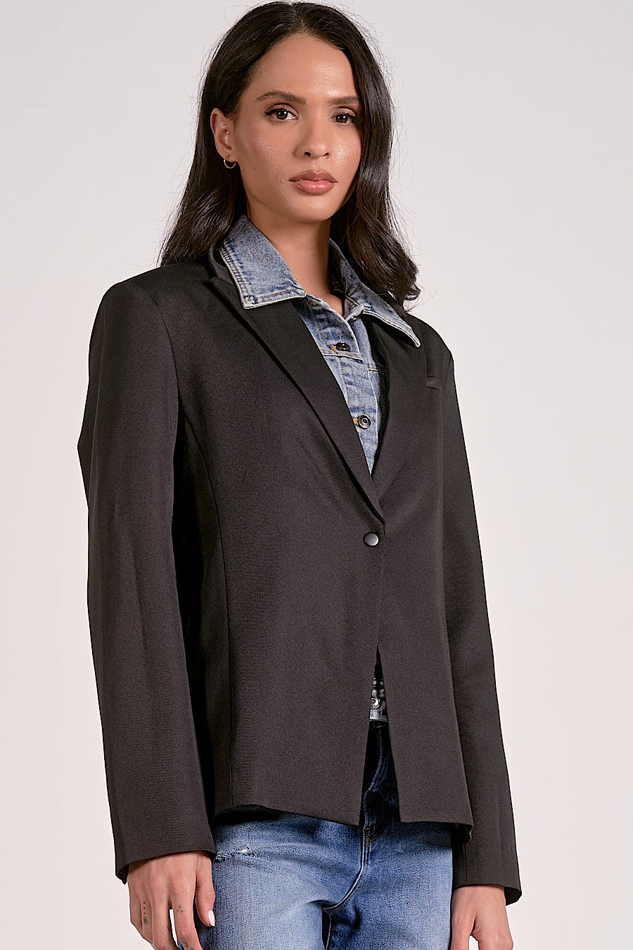 A Classic Story Layered Denim Blazer Black