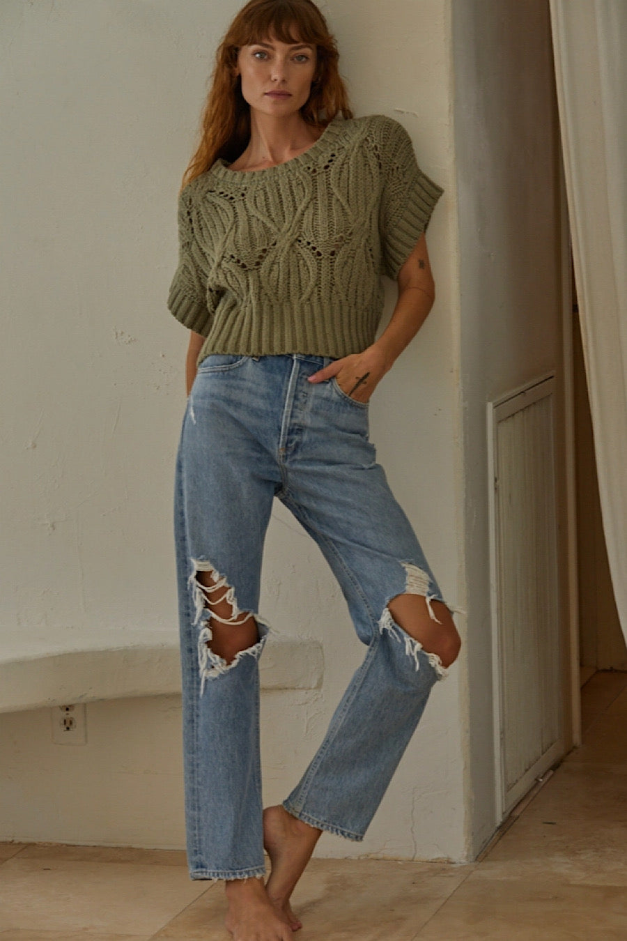 Olive Carrie Short Sleeve Cable Knit Sweater