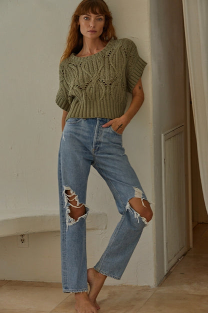 Olive Carrie Short Sleeve Cable Knit Sweater