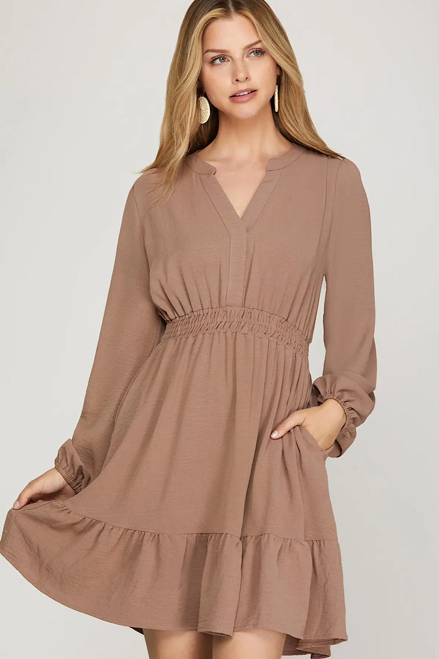 Carolina Smocked Waist Dress Mocha
