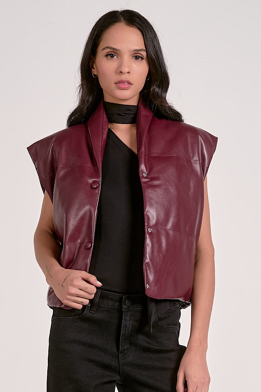 Ski Slopes Faux Leather Puffer Vest Plum