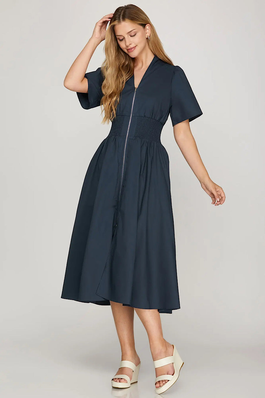 Midnight in Paris Zipper Midi Dress Navy