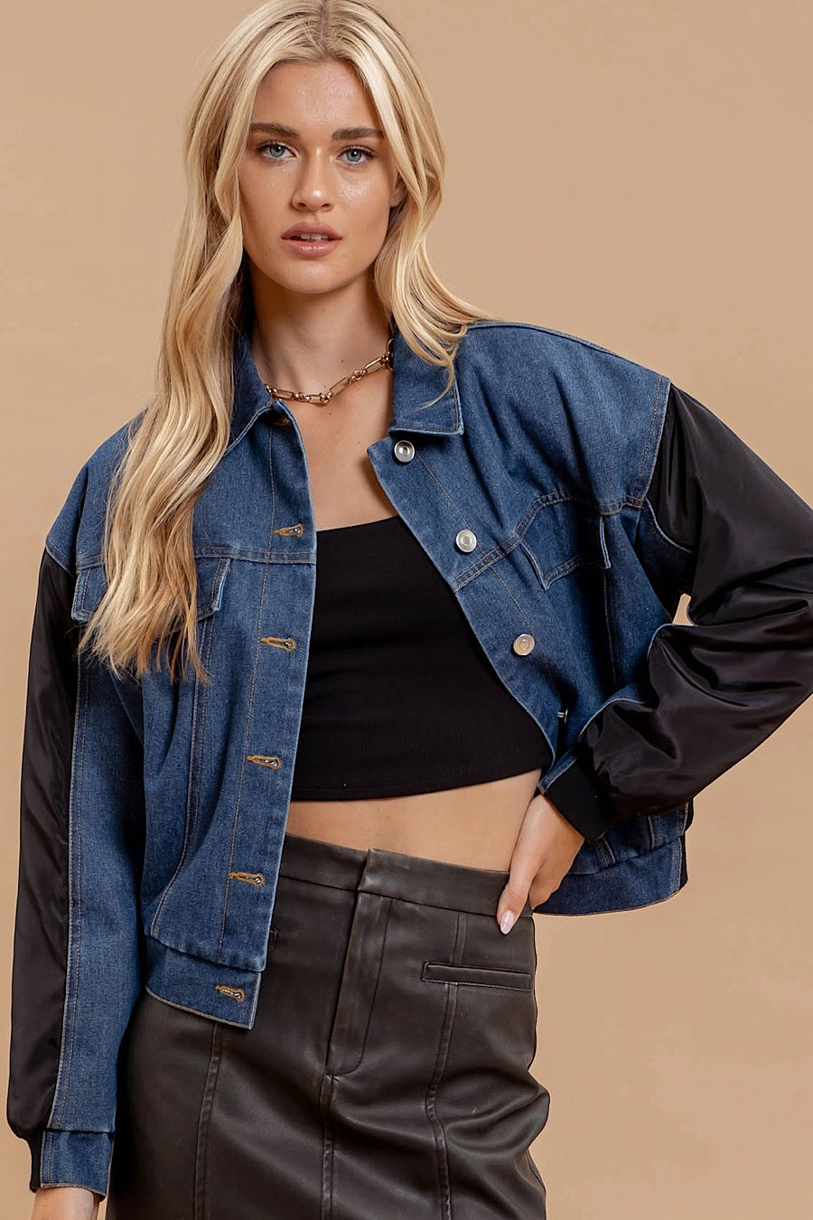 Off Campus Denim Contrast Bomber Jacket