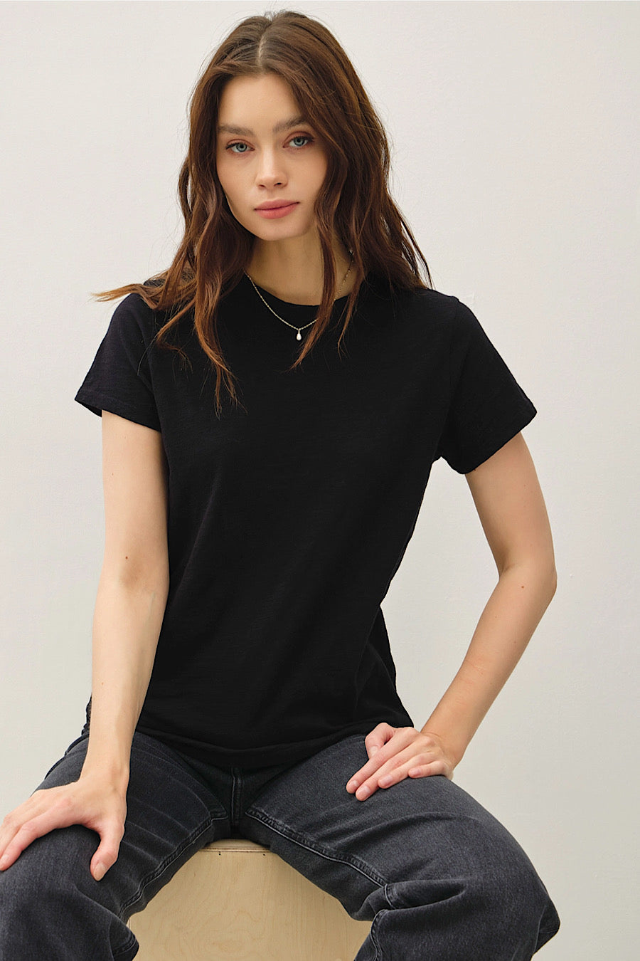 Crew Neck Cotton Slub Boy T-Shirt in Black