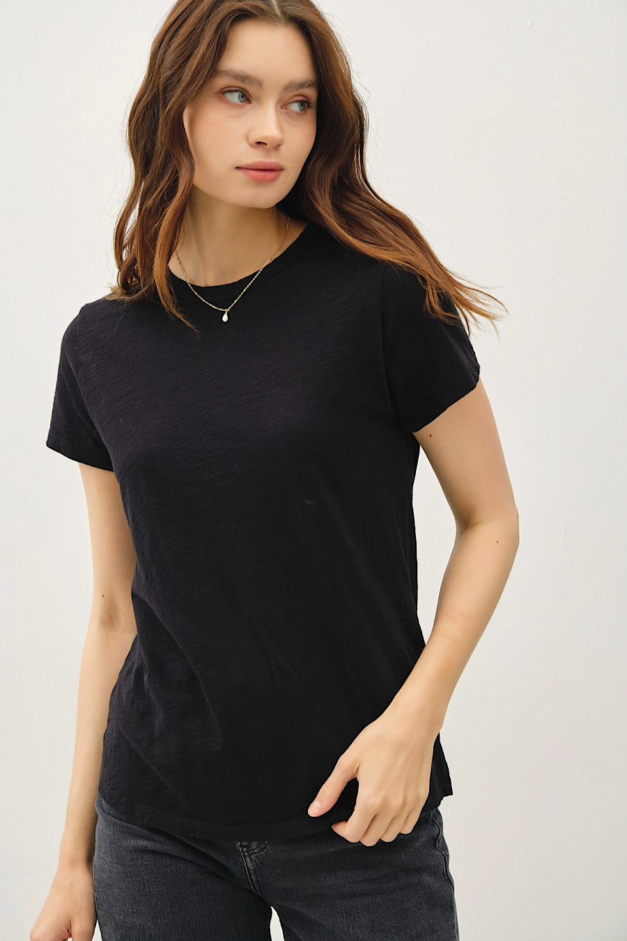 Crew Neck Cotton Slub Boy T-Shirt in Black