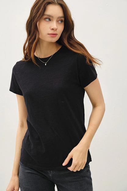 Crew Neck Cotton Slub Boy T-Shirt in Black