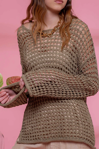 Copacabana Crochet Knit Pullover Top Olive