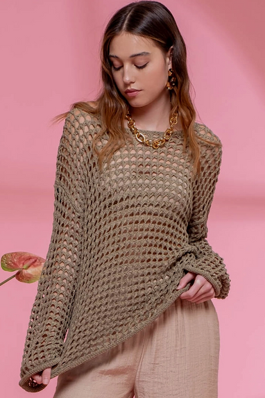 Copacabana Crochet Knit Pullover Top Olive