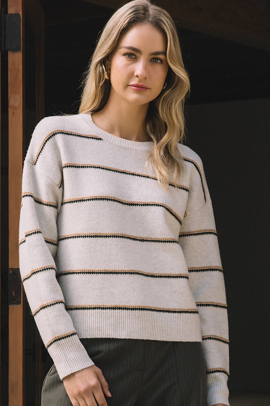 Hot Cider Camel &amp; Olive Stripe Sweater