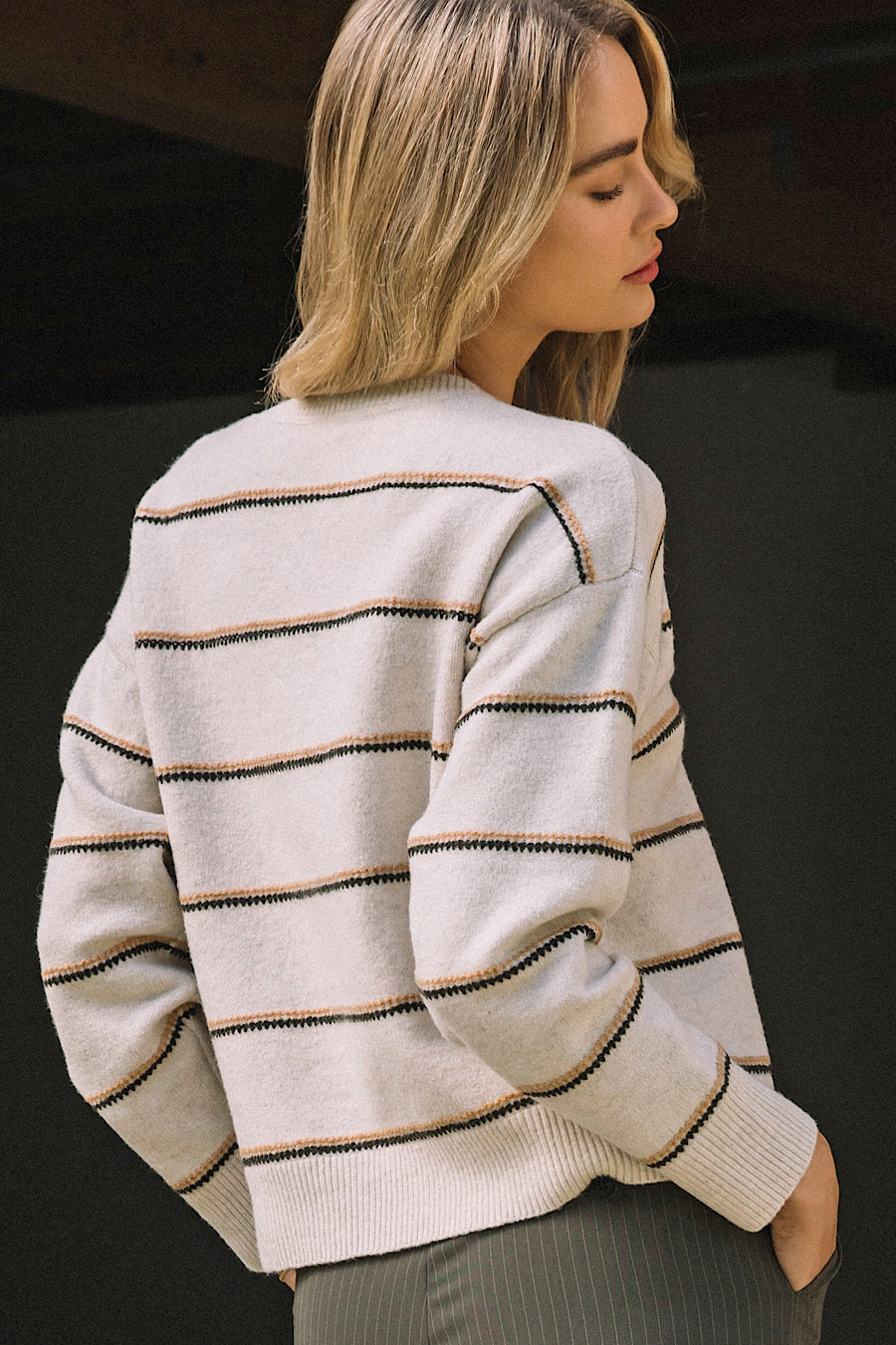 Hot Cider Camel &amp; Olive Stripe Sweater