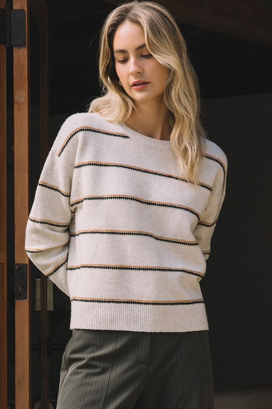 Hot Cider Camel &amp; Olive Stripe Sweater