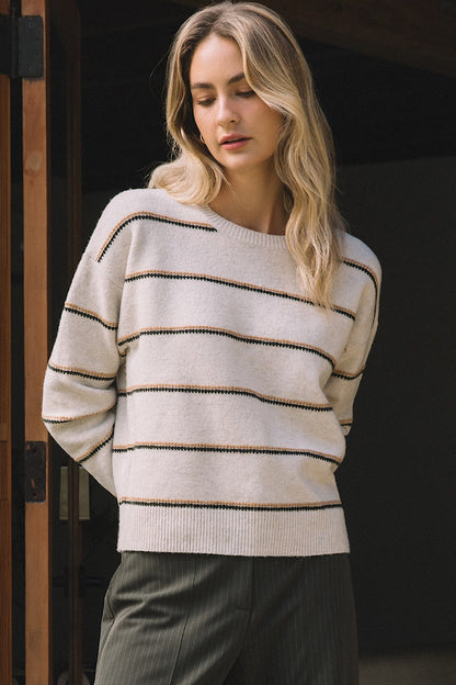 Hot Cider Camel &amp; Olive Stripe Sweater