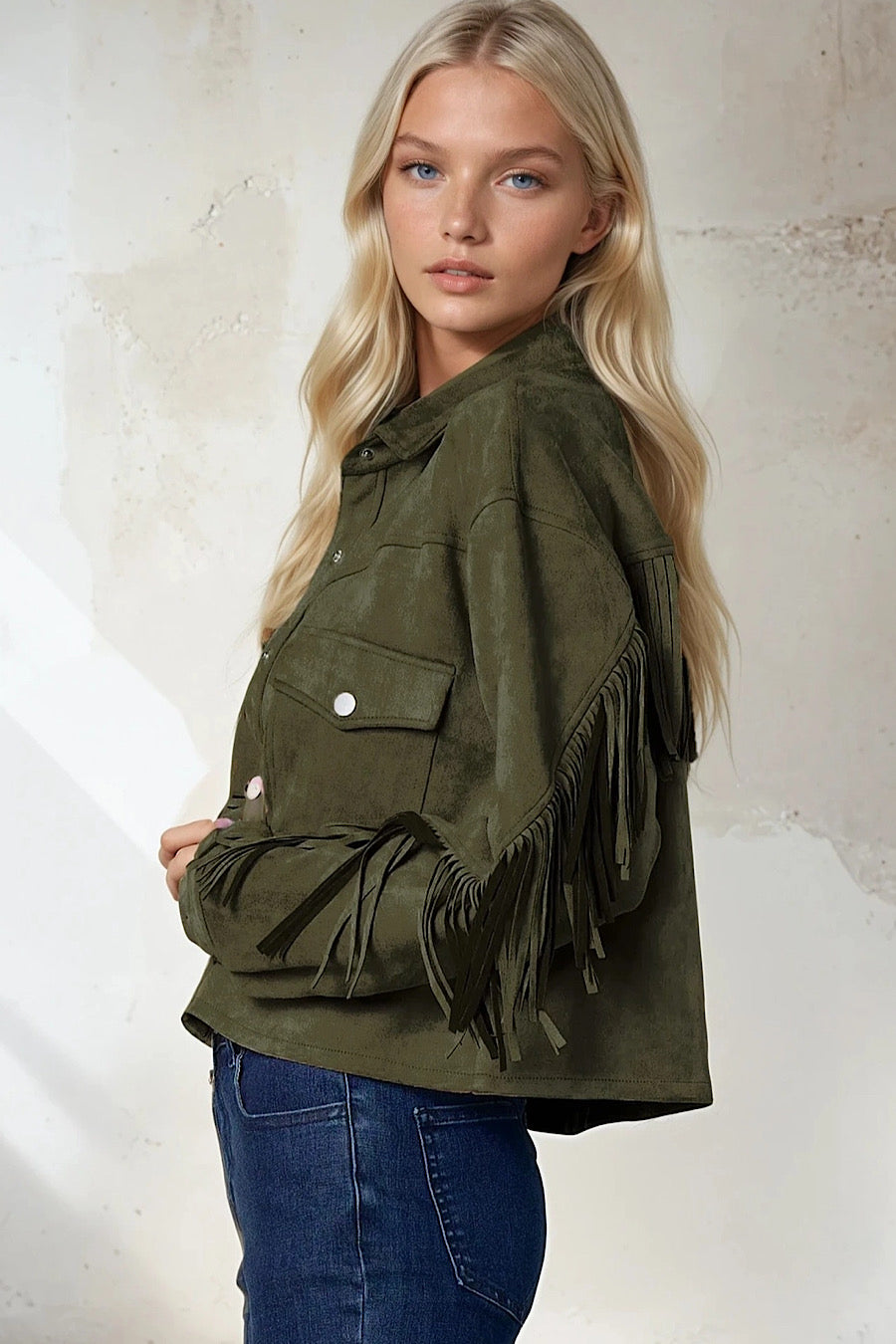 Ranch Hand Fringe Suede Shirt Jacket Olive