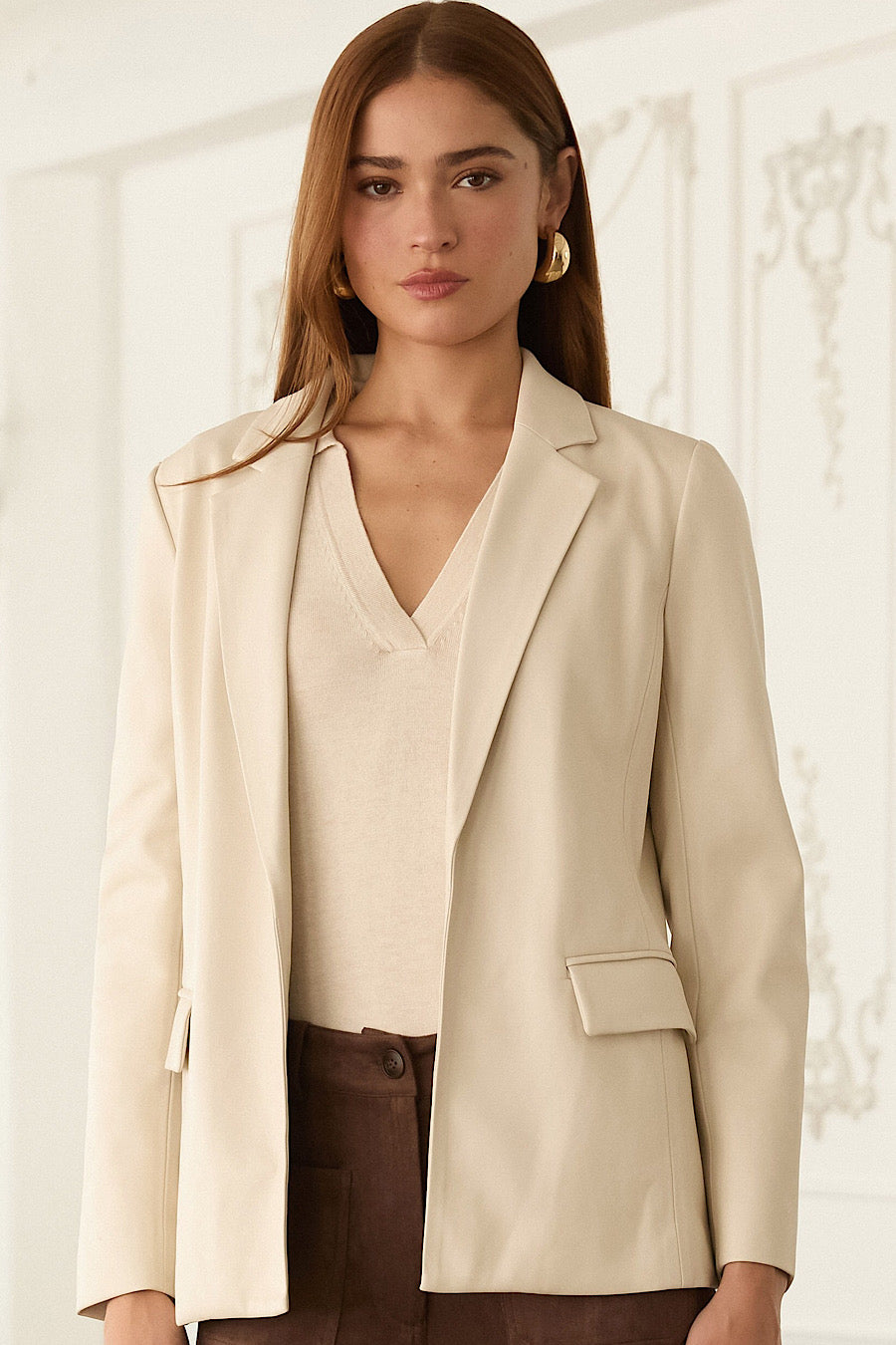 On a Whim Faux Leather Open Blazer Ecru