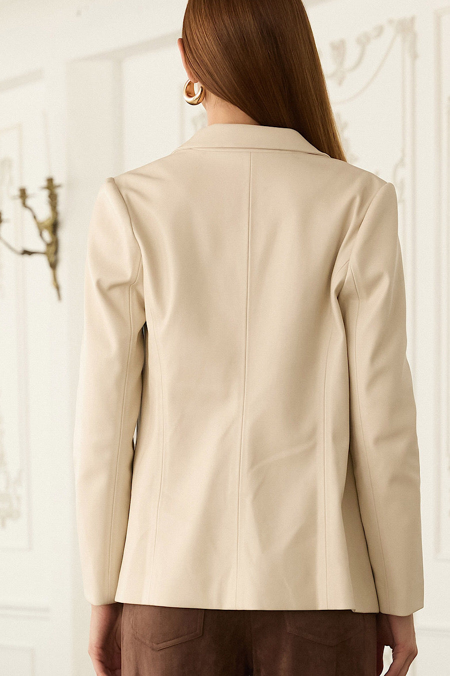 On a Whim Faux Leather Open Blazer Ecru