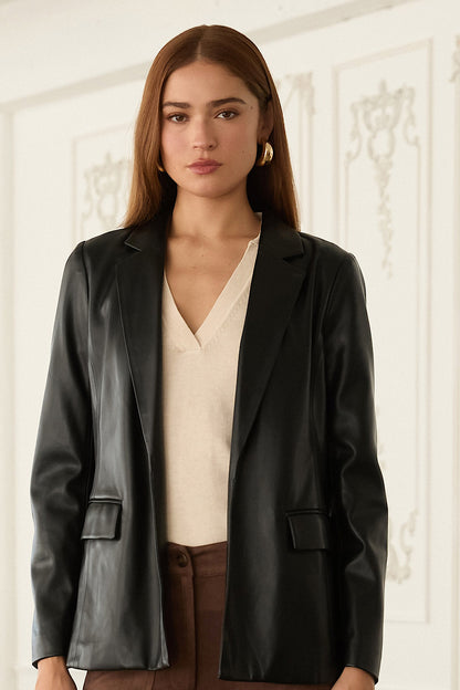 On a Whim Faux Leather Open Blazer Black
