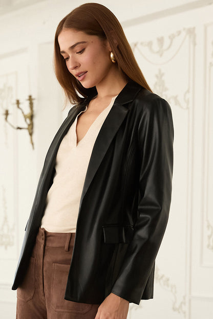 On a Whim Faux Leather Open Blazer Black