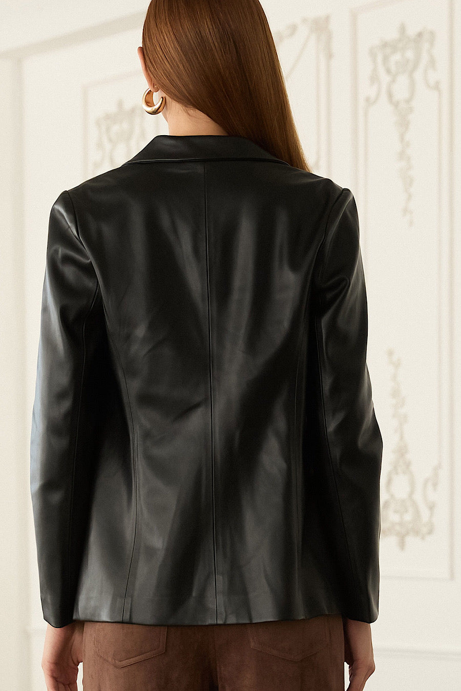 On a Whim Faux Leather Open Blazer Black