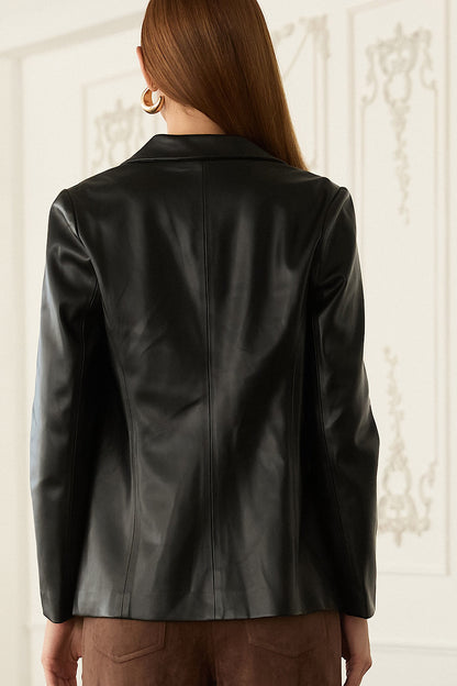 On a Whim Faux Leather Open Blazer Black