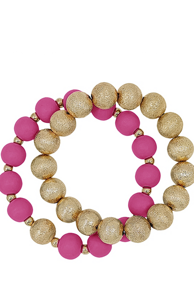 2pc Hot Pink & Gold Beaded Bracelet Set