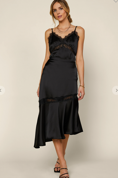 Asymmetrical Lace &amp; Satin Midi Skirt