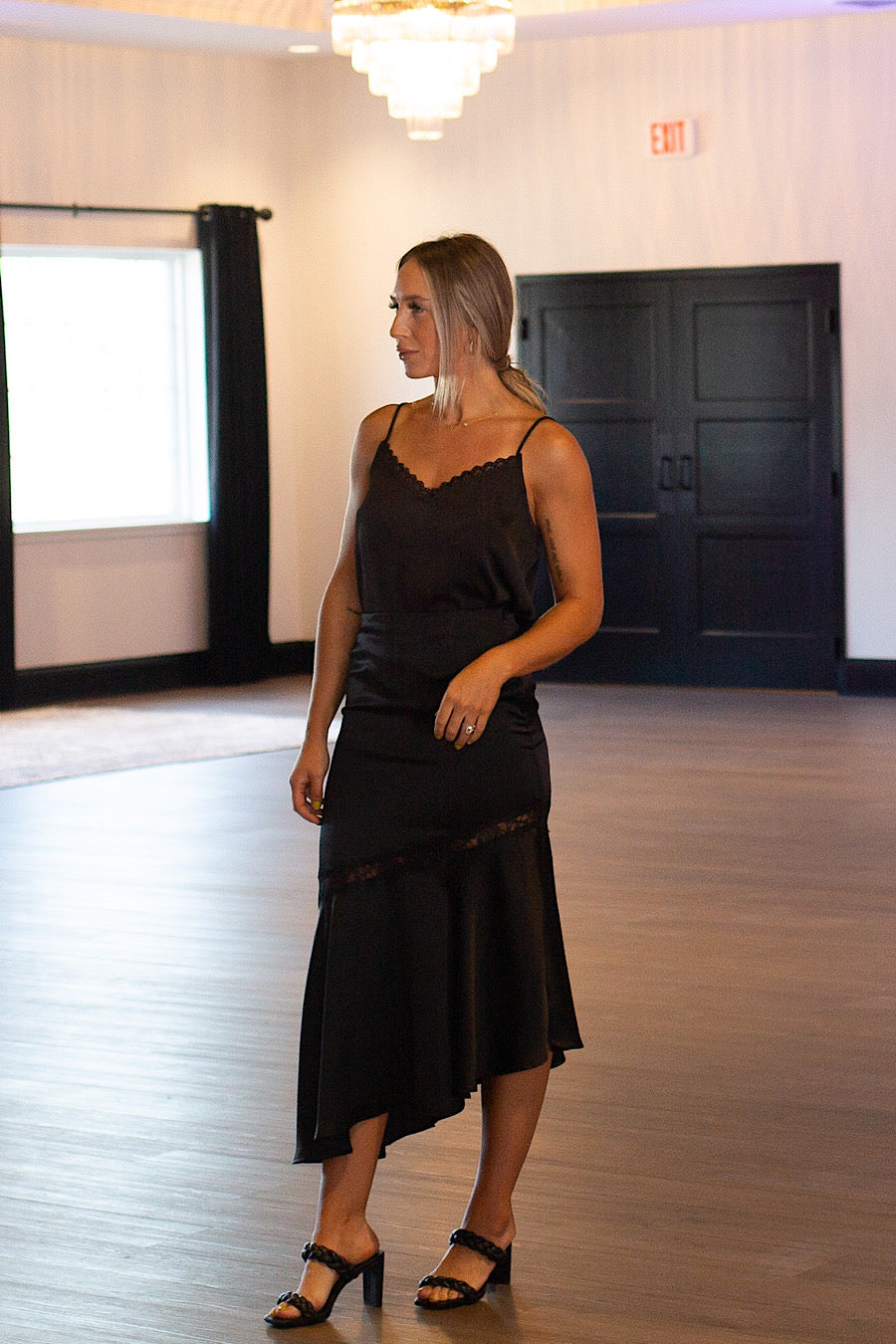 Asymmetrical Lace &amp; Satin Midi Skirt