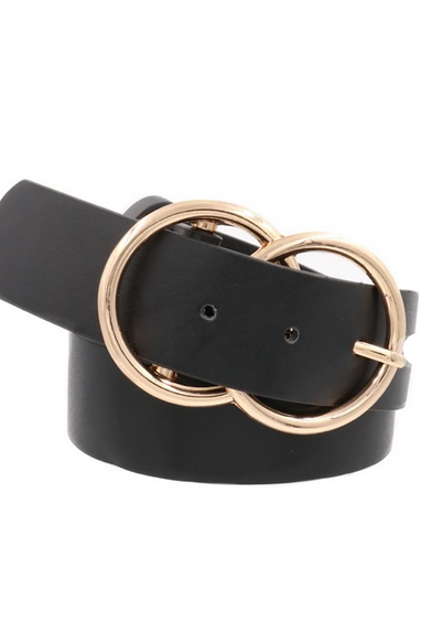 Veg Leather Double Ring Belt in Black w/Gold