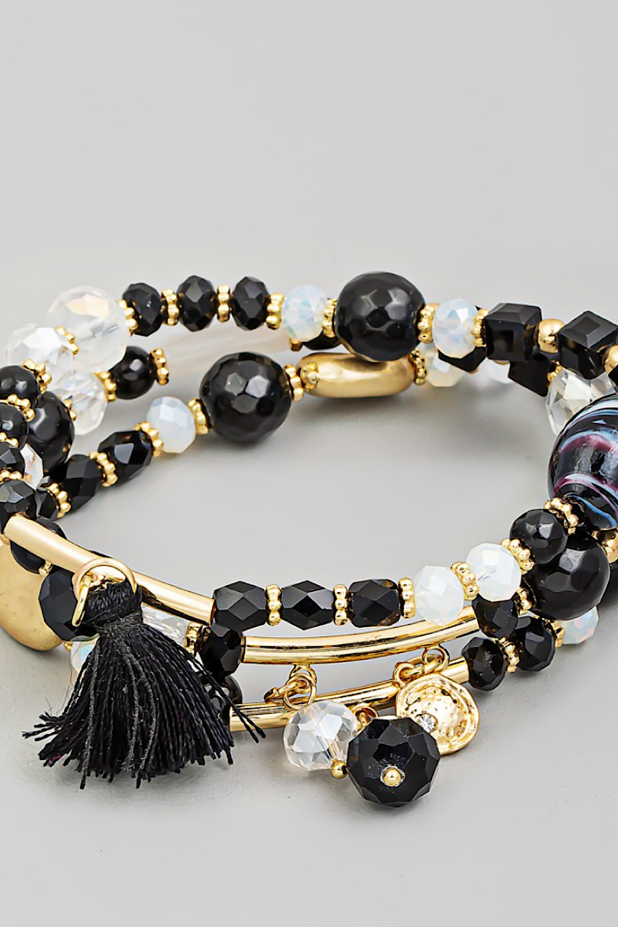 Black Beaded & Tassel Bracelet Set